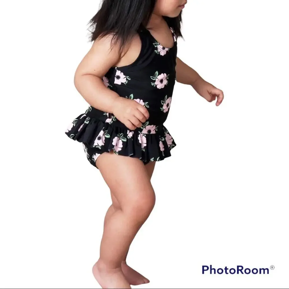 NWT Tiny Tribe Australia Floral Ruffle Swimsuit Girls One Piece Black Pink 12 M